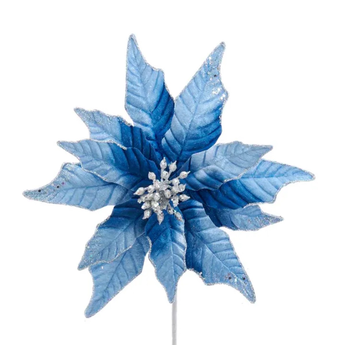 Blue and Silver Glitter Poinsettia Pick