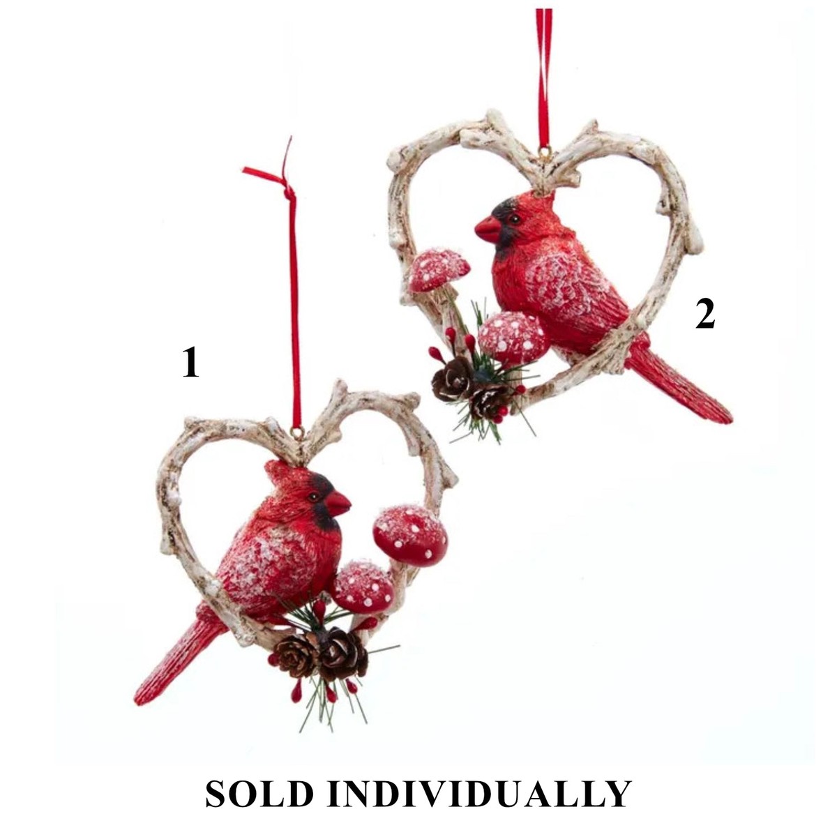 Cardinal Birds In Heart Frame Ornaments, 3.54" (2 styles - sold individually)