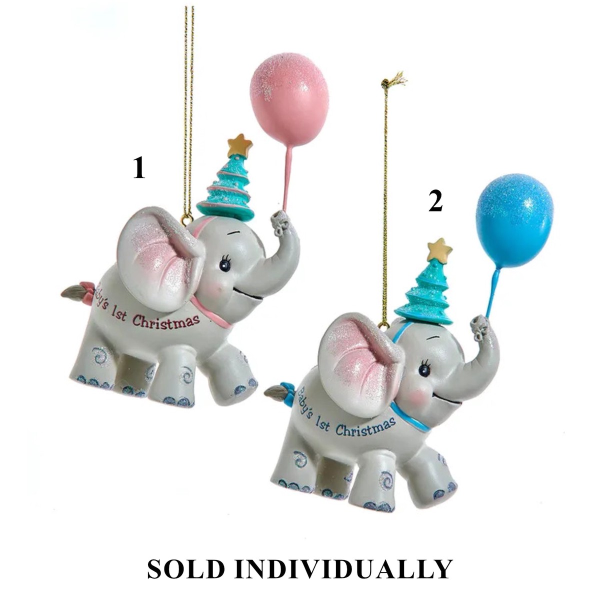 "Baby's 1st Christmas" Elephant With Balloon Ornaments For Personalization, 3.5" (2 styles - sold individually)