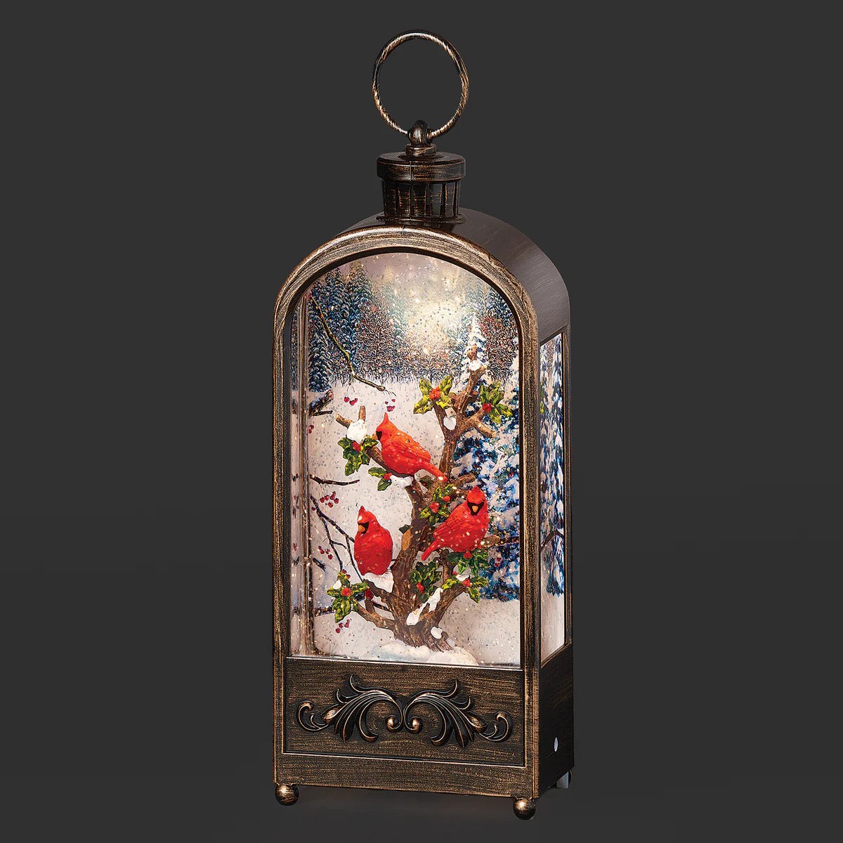 Lighted Swirl Bronze Arch Lantern with Cardinals, 11.75"