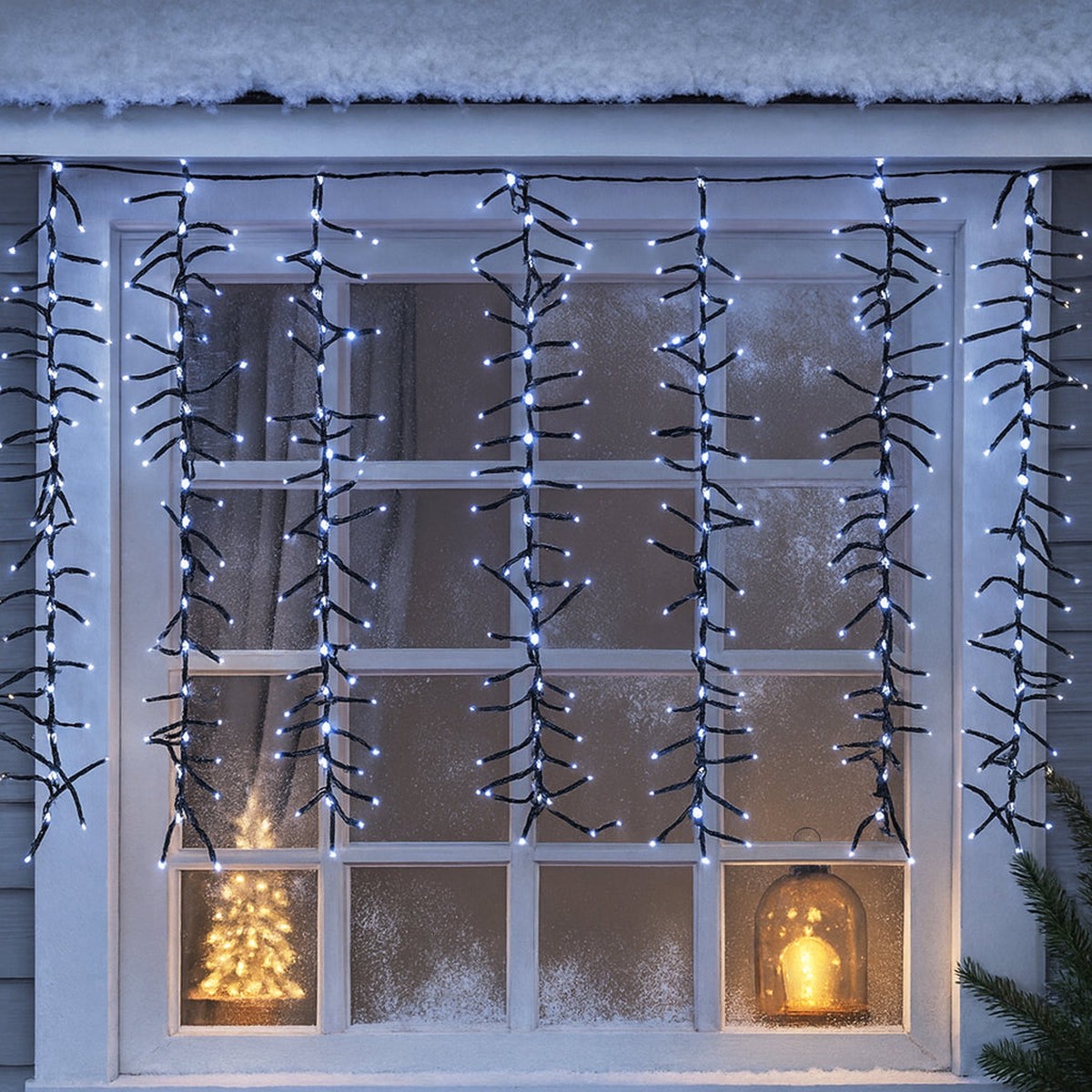 1092 LED Waterfall Cluster Icicle Lights - White with White Waterfall