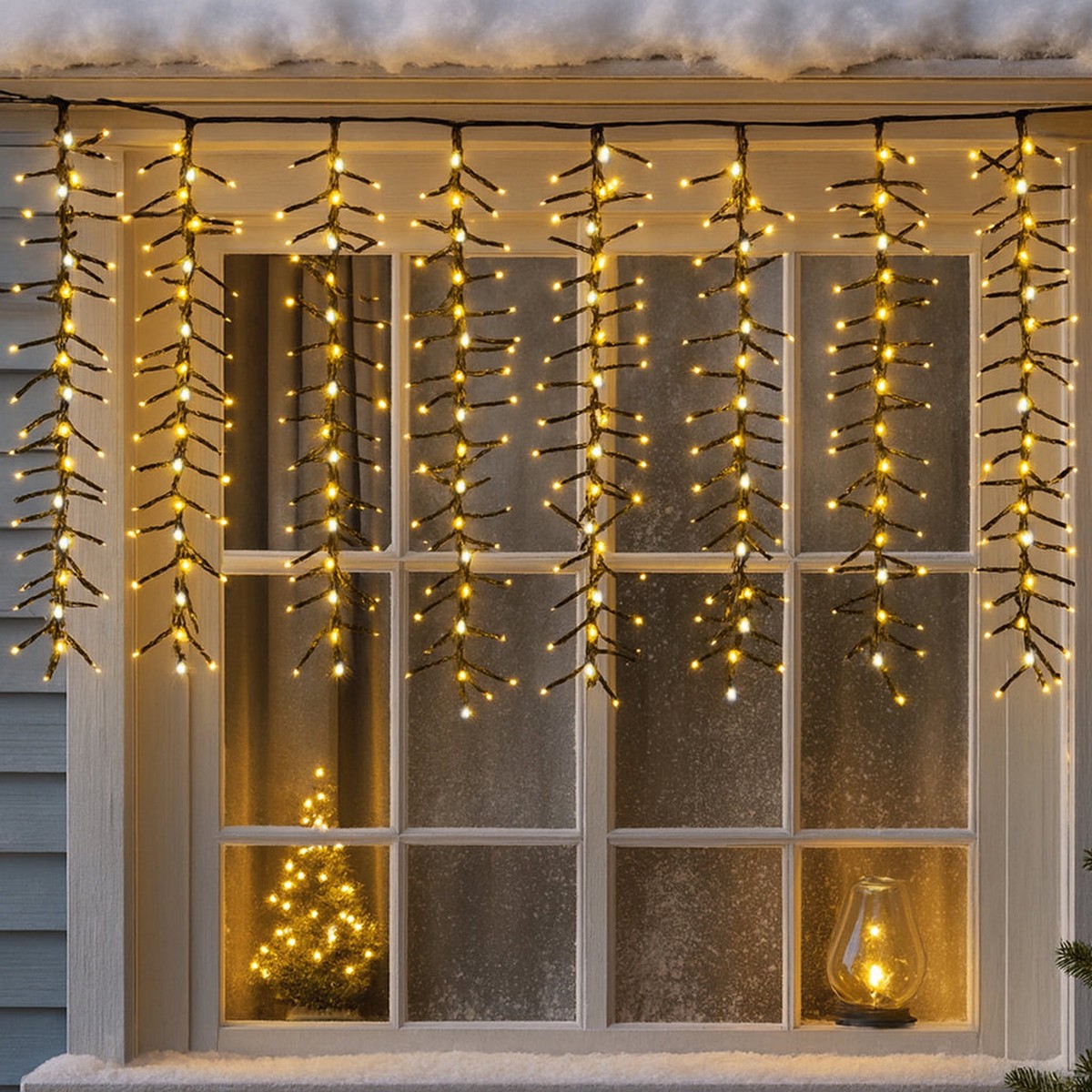 Waterfall Cluster Icicle Lights - Black Cable Warm White with White Waterfall