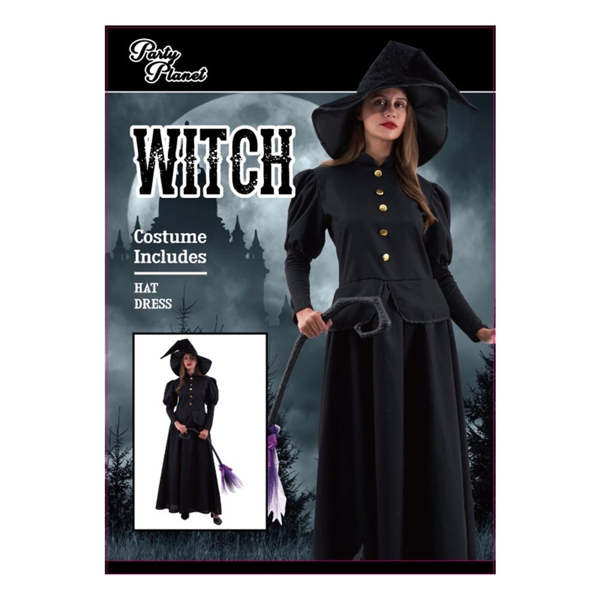 Black Witch Costume-Including Hat, Dress, 2 Assorted Sizes Medium & Large