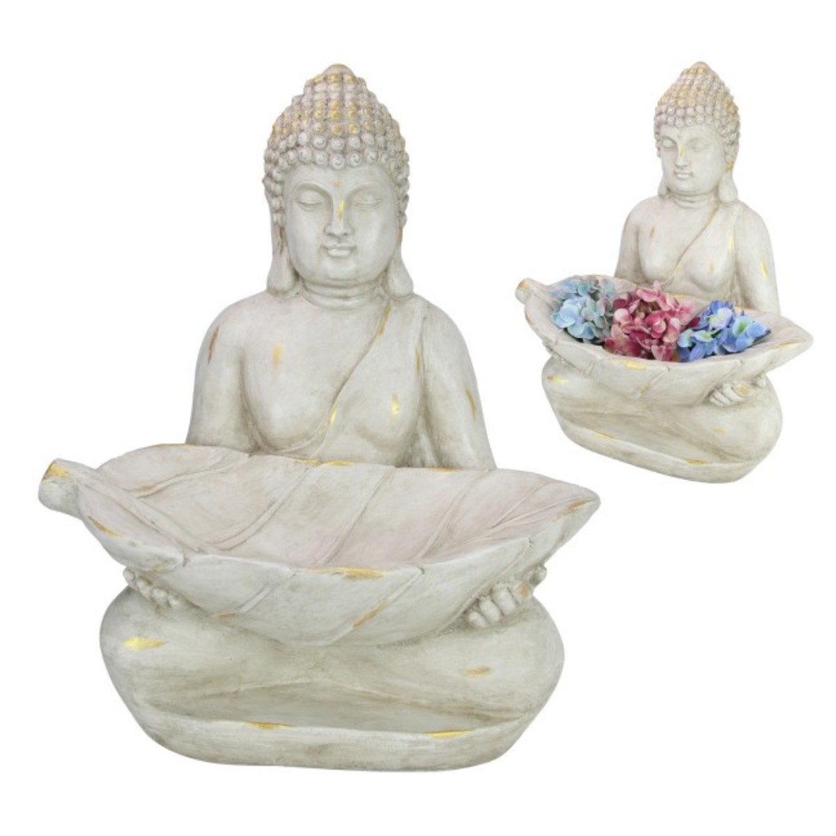 68CM WHITE/GOLD BUDDHA HOLDING LEAF