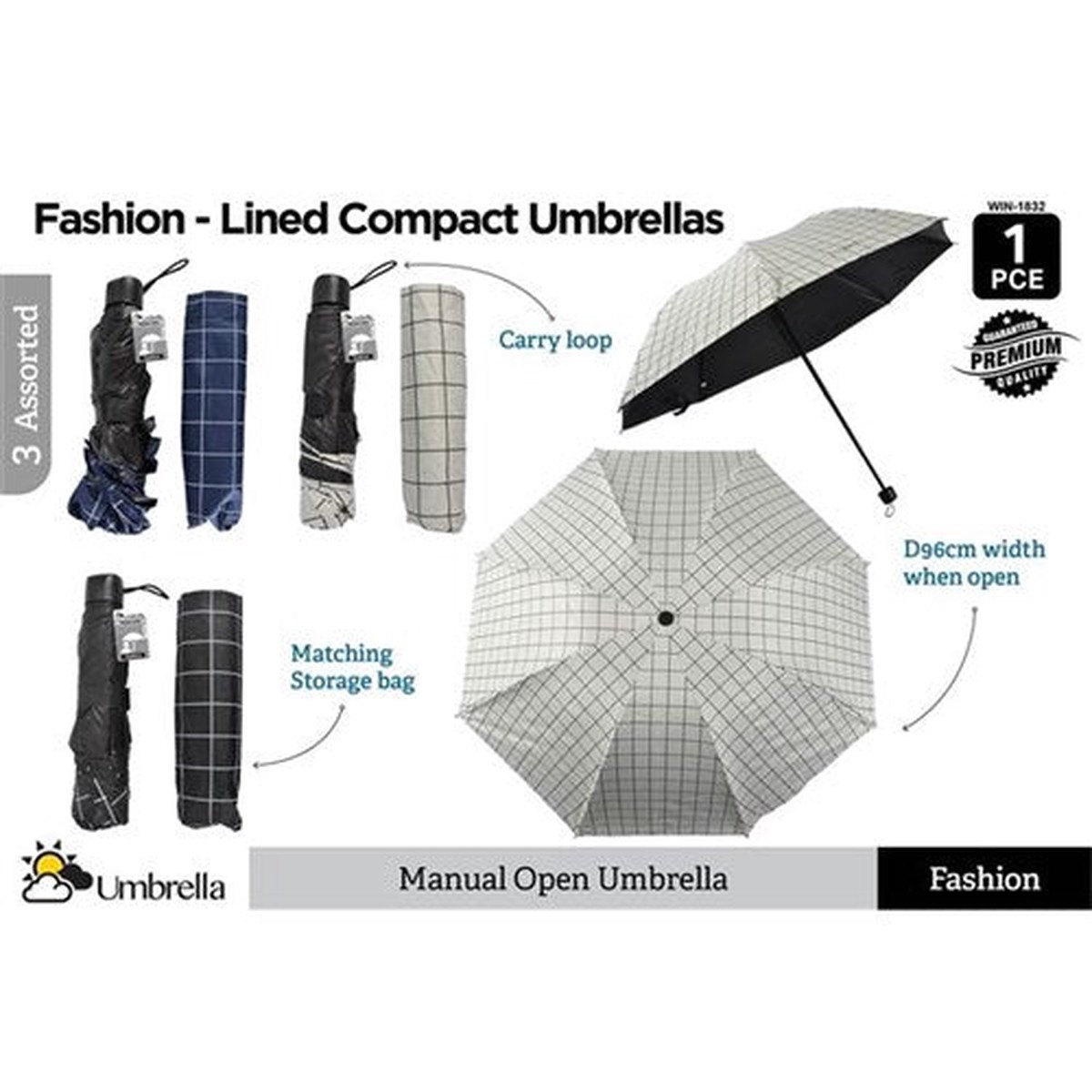 Premium Compact Umbrella Lined 95cmD