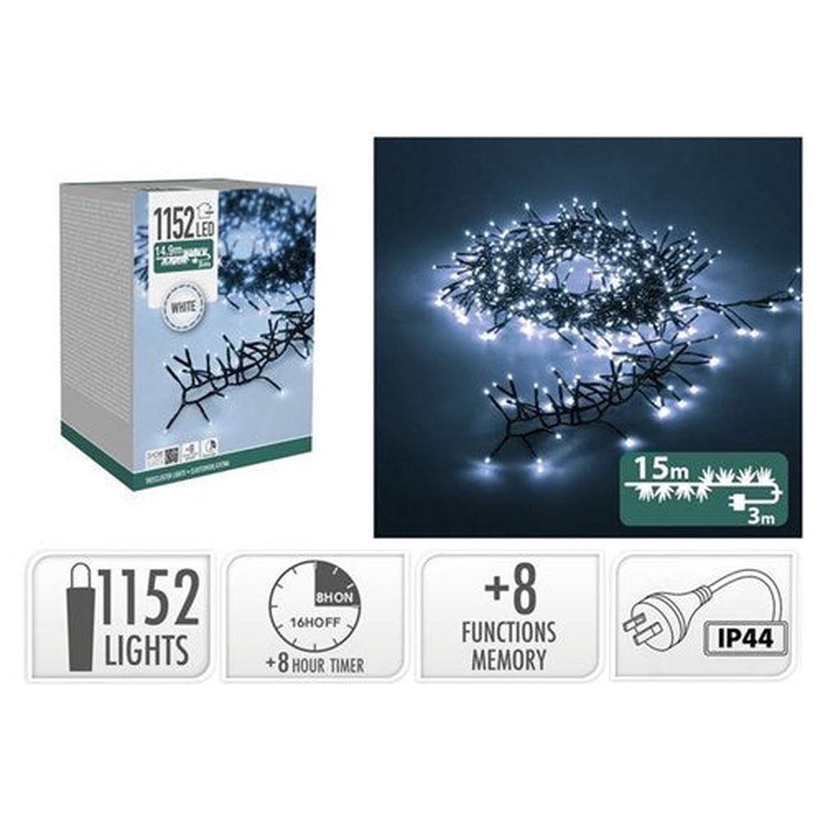 1152LED TreeCluster White 8F Mem+Timer 15m