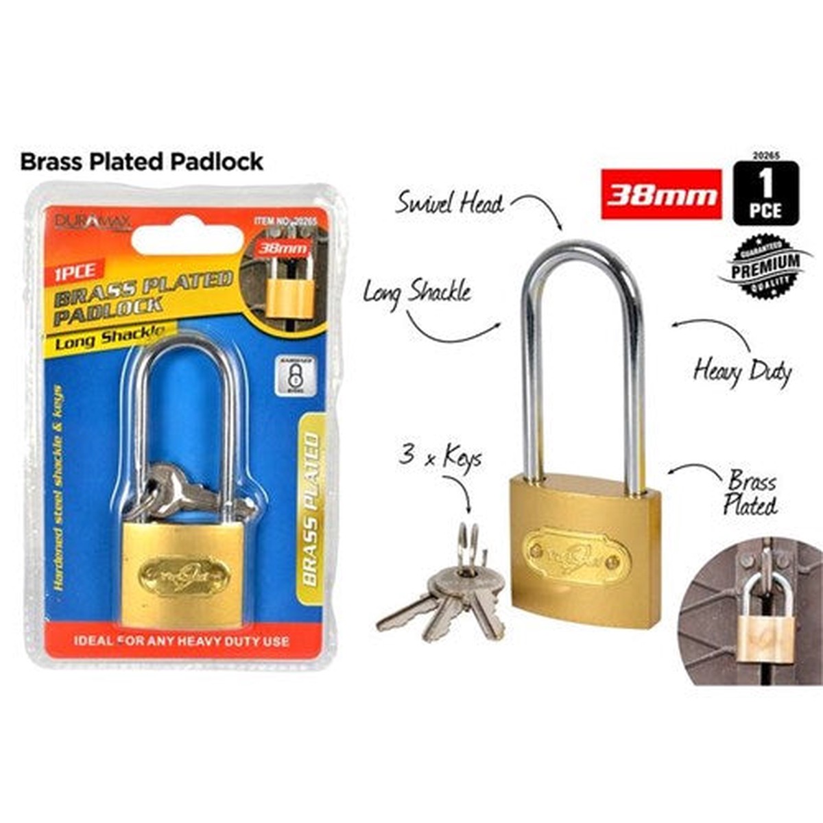 Long Shank Padlock-38mm-BrassPlated