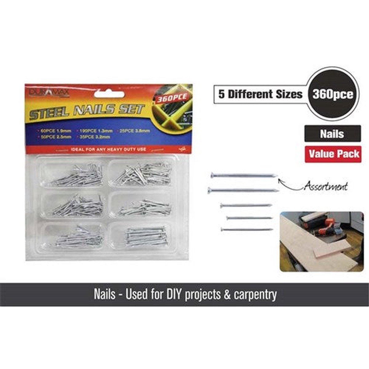 360pce Steel Nails-5 Assorted Sizes