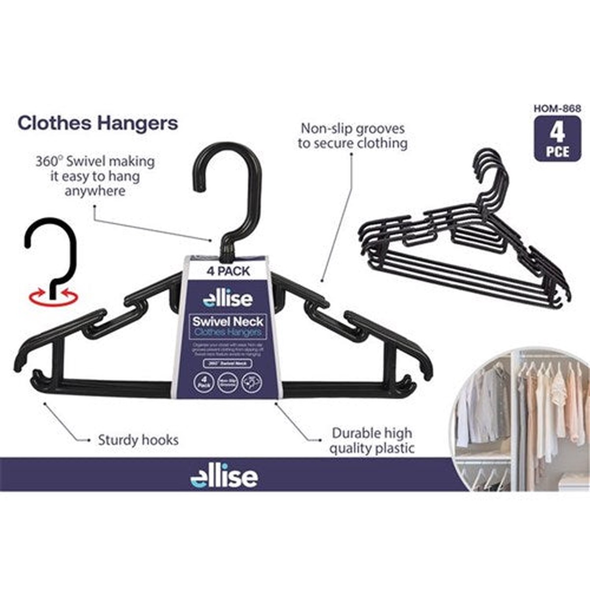 Clothes Hangers Black Swivel 4pc Plastic Coat Hangers