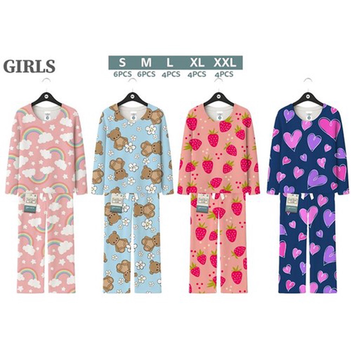 Girls Fleece PJ R Neck 4 Designs Assorted