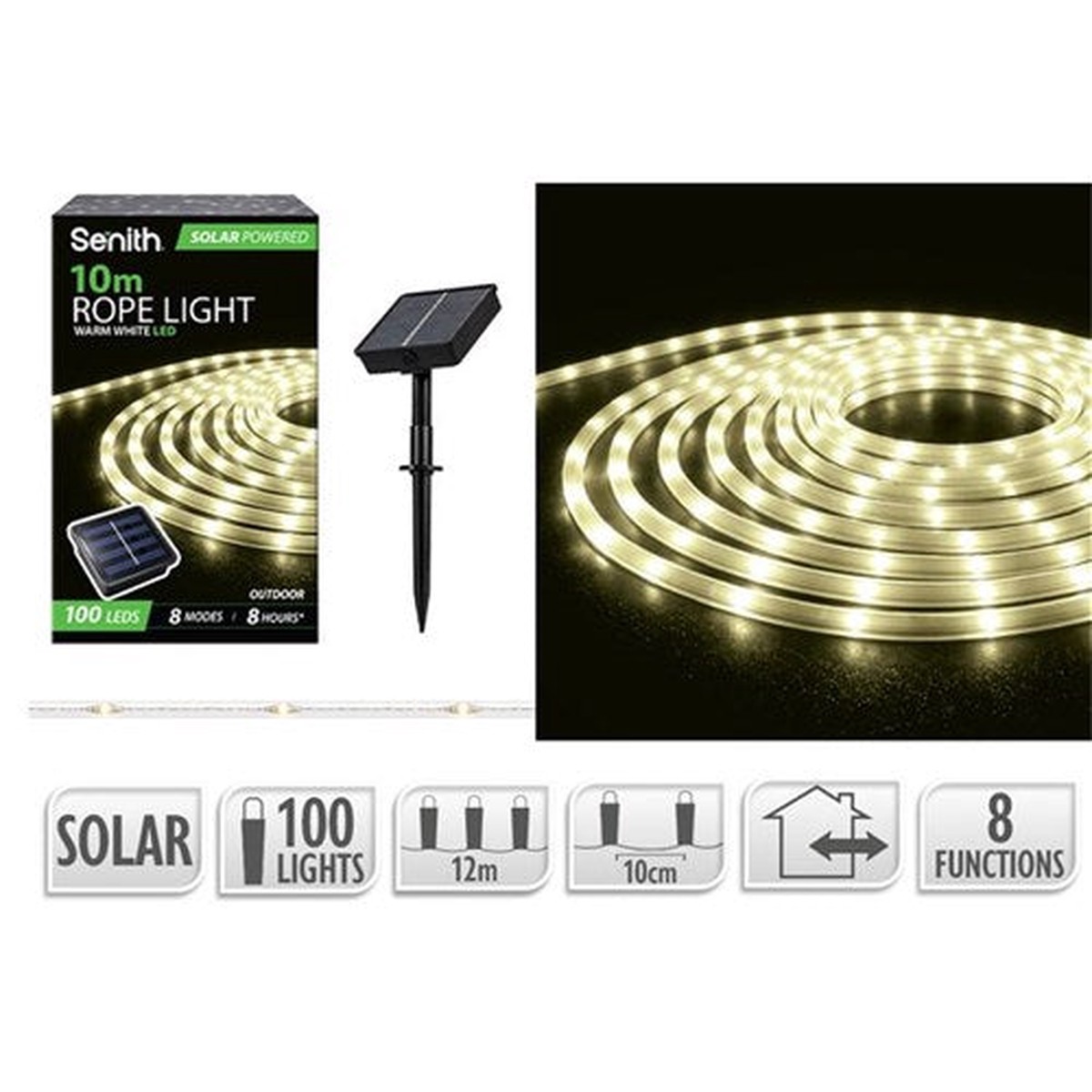 100LED Solar Rope Light 12m 8F Warm White