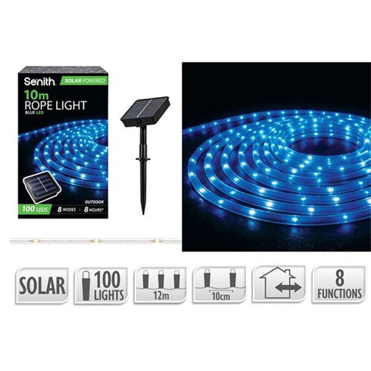 100LED Solar Rope Light 12m 8F Blue