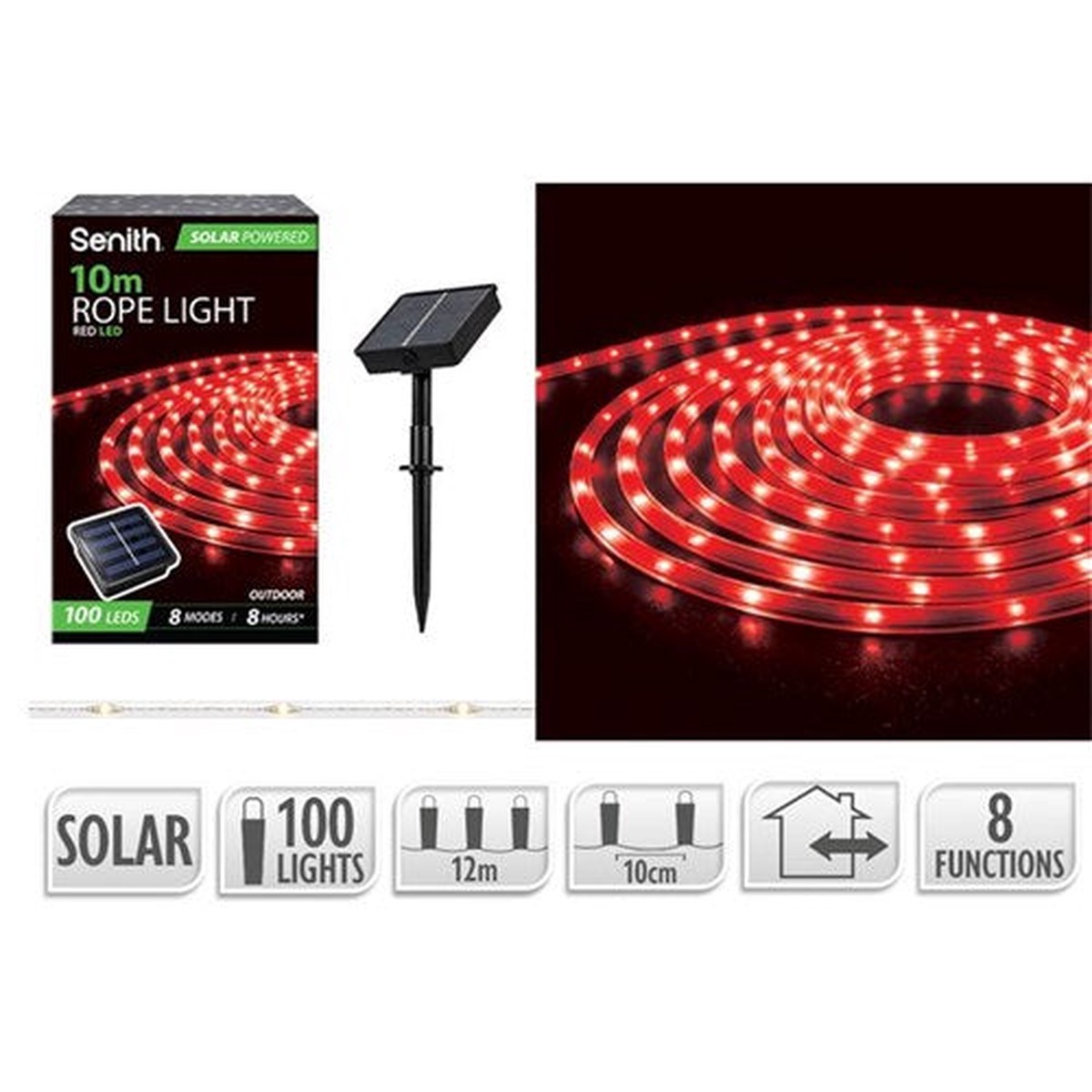 100LED Solar Rope Light 12m 8F Red