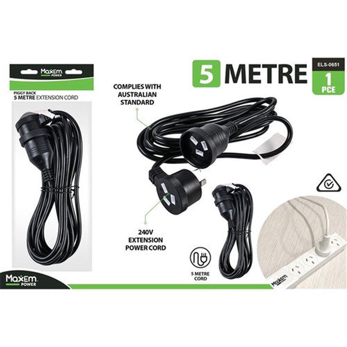 Power Extension Cord 5m Piggy Back B