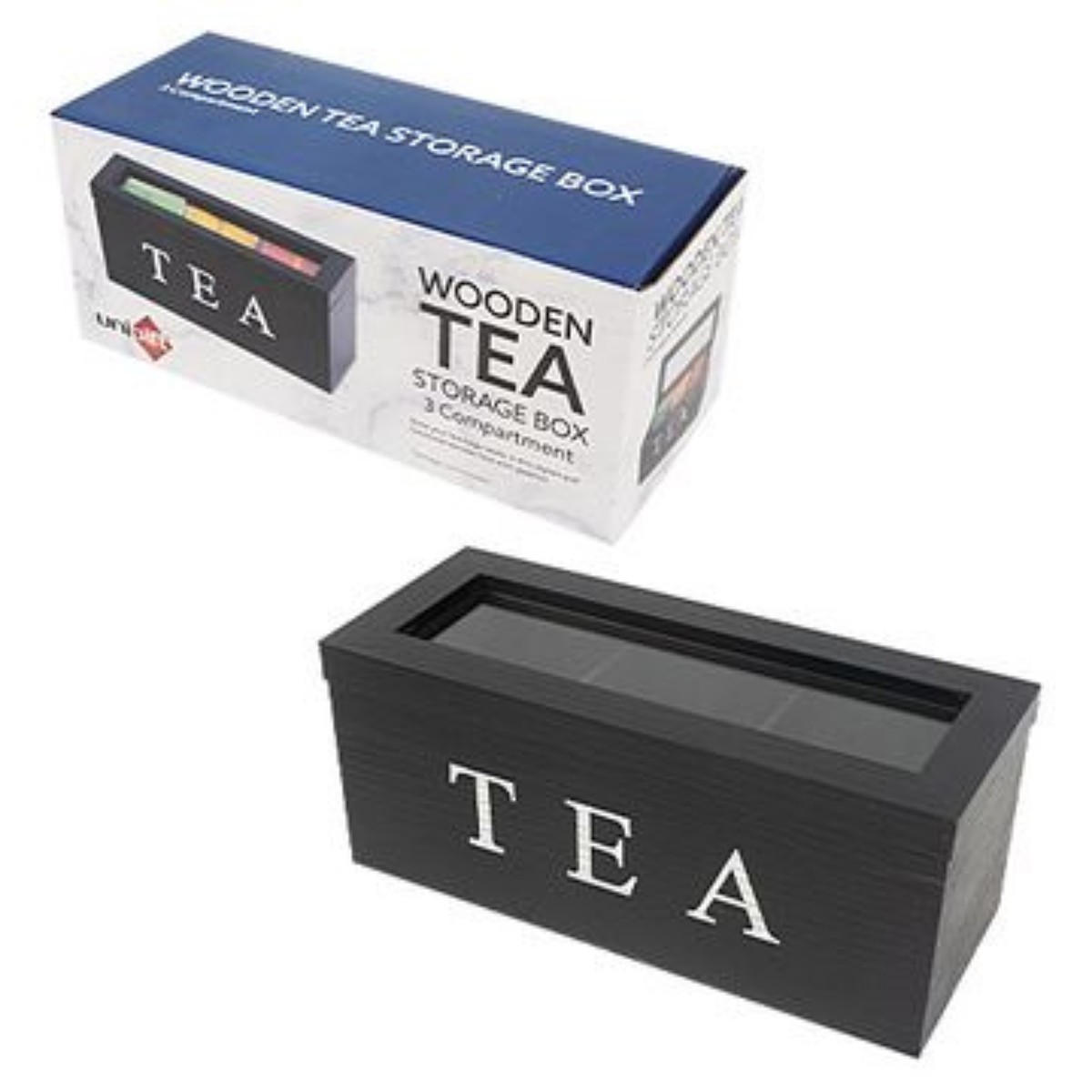 Wood Tea Box 3 Compartments Black