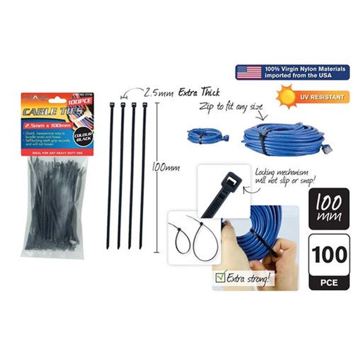 100pce Cable Ties-2.5x100mm-Black