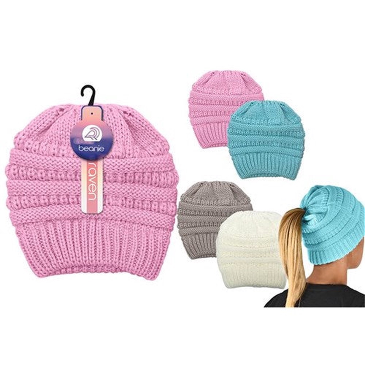 Teens Knitted Pony Tail Beanie 4 Assorted