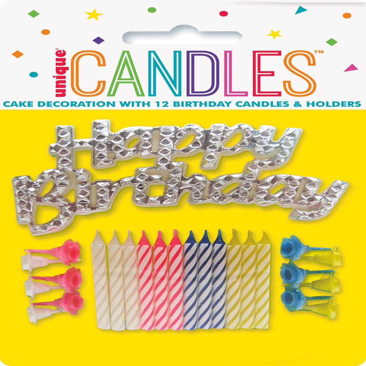 12 Candles And Holders And Happy Birthday Cake Topper