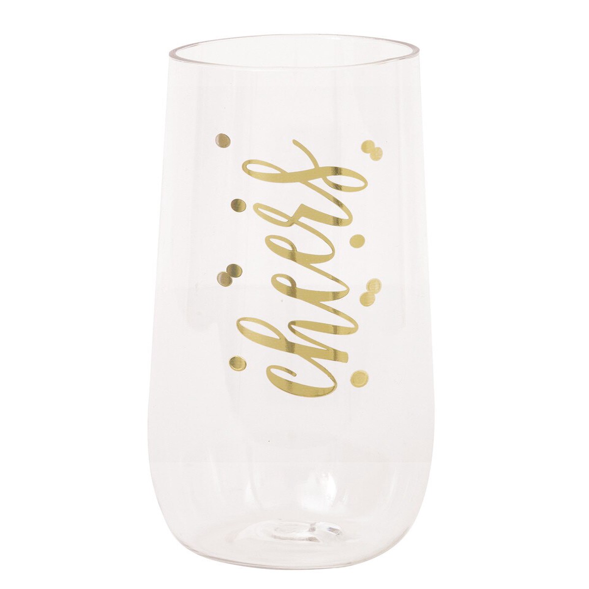 Gold Foil Stamped inCheersin Plastic Stemless Champagne Glass 266ml (9oz)