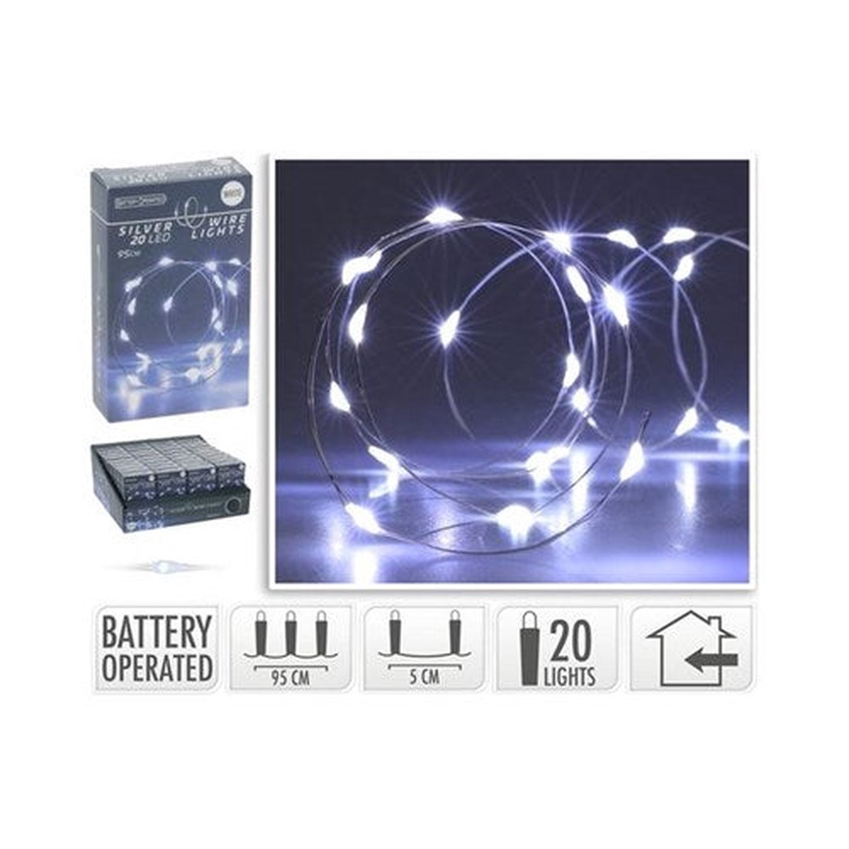 20LED Silver Wire White Battery Operated 95cm