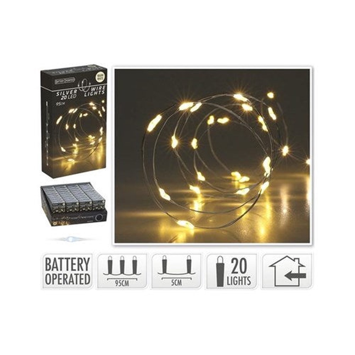 20LED Silver Wire Warm White Battery Operated 95cm