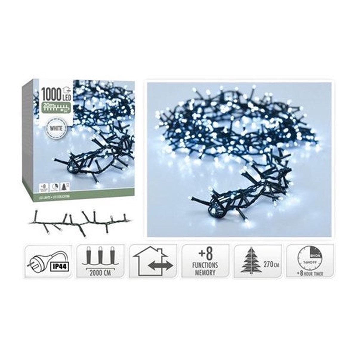 1000LED Snake Light White 8F Mem+Timer 20M
