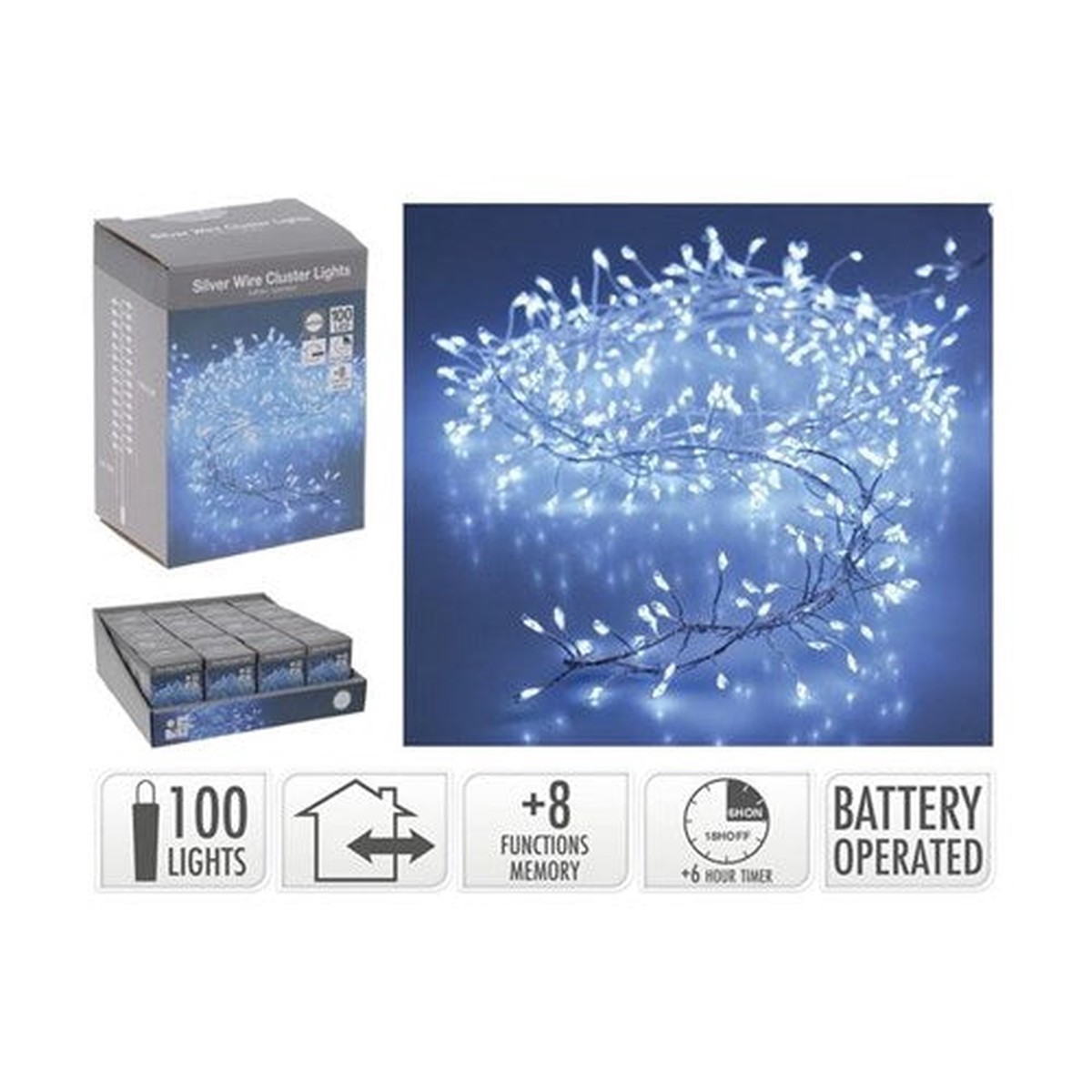100LED Silverwire Cluster White IP44 Battery Operated1M