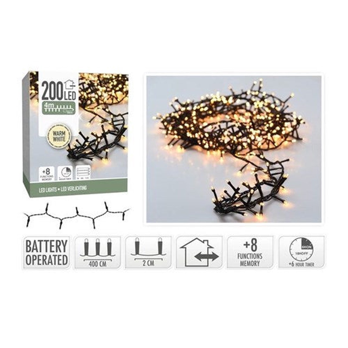 200LED Snake Lights Warm White IP44 Battery Operated 4M