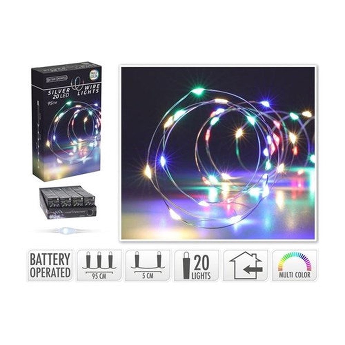 20LED Silver Wire Multi Battery Operated 95cm